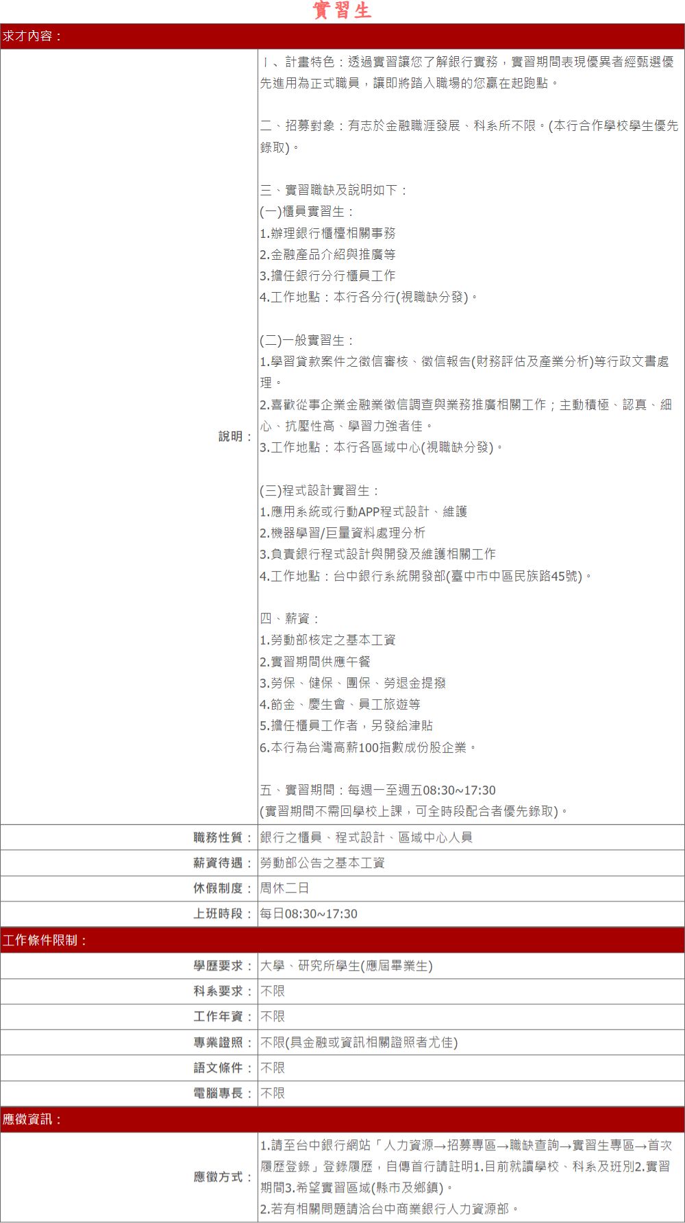 台中銀行實習生